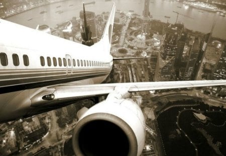 Up and Away - plane, city, blackandwhite, air