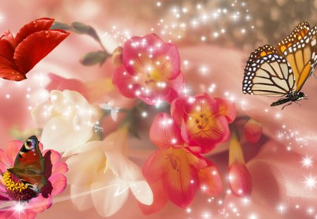 Star Bright Floral Bright - stars, summer, bright, pink, red, flowers, sparkles, firefox persona, butterflies