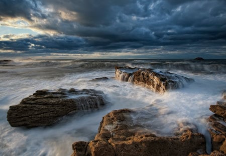 Ocean - stormy, rocks, beautiful, ocean, sky, storm, clouds, sea, nature, waves