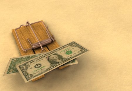 Money Trap - abstract, money, 3d, mouse trap, dollar bills