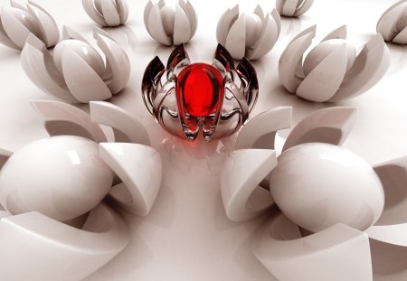 3D Nelumbo - white, silver, abstract, reflection, red, 3d, nelumbo