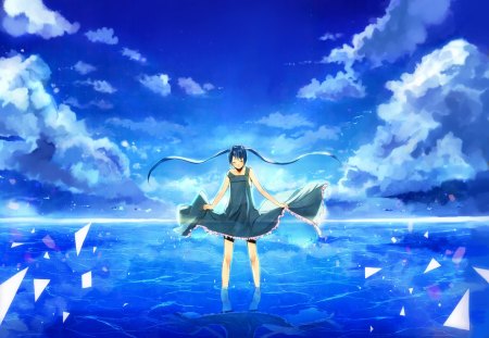 Hatsune Miku - aqua, sun, thighhighs, music, anime girl, white, art, cool, aqua eyes, artistic, hatsune miku, particles, light, song, vocaloids, program, glow, vocaloid, beautiful, sea, diva, dress, beauty, nice, sky, water, twintail, singer, aqua hair, black, virtual, pretty, idol, clouds, anime, miku, cute, ocean, sunlight, girl, cg, hatsune, blue, awesome, digital