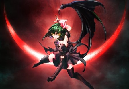 original - moon, green eyes, short hair, green hair, dress, demon