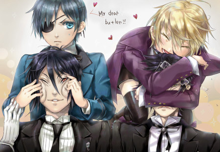 kuroshitsuji - sabastian, yelow hair, blue eyes, cluod, ciel