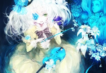 touhou - yelow hai, blue eyes, long hair, flowers, dress