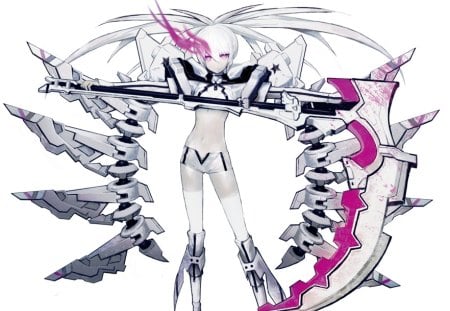 black rock shooter - pink eyes, blush, weapon, long hair