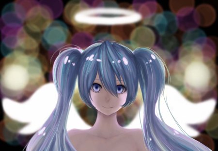 Angel Miku - aqua, hot, angel, wings, music, anime girl, white, art, cool, halo, aqua eyes, artistic, hatsune miku, sexy, song, vocaloids, program, glow, vocaloid, beautiful, diva, beauty, nice, twintail, singer, aqua hair, black, virtual, pretty, idol, anime, miku, cute, sparkles, girl, feathers, cg, blue hair, hatsune, blue, digital, awesome, lights