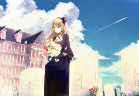 Goodbye - graveyard, sky, tears, girl, anime girl, original, gloves, clouds, anime, house, flowers, grave, dress