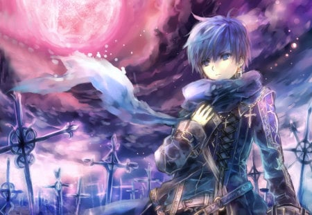 Kaito - moon, anime, vocaloid, cool, male, scarf, graveyard, kaito, grave