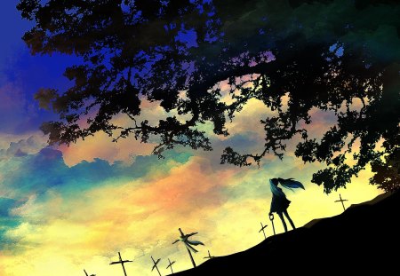 Hatsune Miku - hatsune miku, graveyard, sky, girl, anime girl, cool, vocaloid, clouds, anime, tree, grave, diva