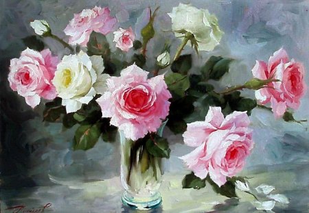 Y. Nikolaev - flower, rose, y nikolaev, vase, still life, painting, art