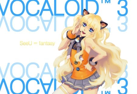 SeeU (Vocaloid) - hot, thighhighs, music, anime girl, yellow hair, white, art, yellow, cool, blonde hair, artistic, sexy, skirt, leggings, blue eyes, song, vocaloids, program, vocaloid, beautiful, uniform, diva, beauty, nice, singer, black, virtual, pretty, idol, anime, orange, cute, neko, cat, girl, cg, blue, awesome, seeu, digital, neko ears, gray, outfit, cat ears, blonde