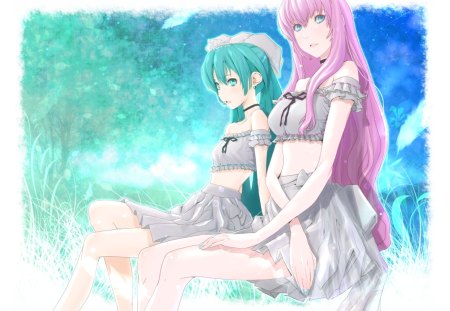 Hatsune Miku & Megurine Luka - aqua, hot, music, thighhighs, anime girl, meadow, white, earrings, art, cool, petals, moonlight, aqua eyes, artistic, hatsune miku, sexy, skirt, light, song, vocaloids, program, glow, vocaloid, pink, beautiful, diva, dress, beauty, nice, zettai ryouiki, sky, twintail, singer, aqua hair, black, virtual, pretty, megurine luka, clouds, idol, anime, green, miku, tree, cute, megurine, moon, luka, girl, pink hair, cg, hatsune, blue, awesome, digital, flower