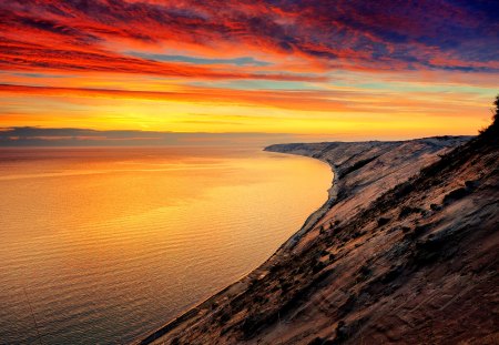 COASTAL SUNSET - sky, slope, water, wallpaper, sunset, nature, sunsets, smooth surface, new