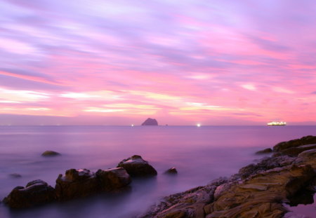 Purple sunset - clouds, sunset, purple, beach, sea, ocean, sky