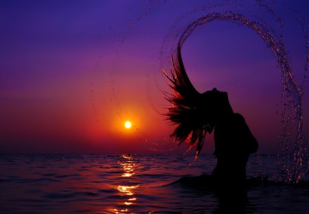 SUNSET  FREEDOM - freedom, girl, movement, sunset, sea, wet hair