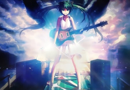 Rockstar - beauty, sky, sexy, hot, guitar, twintails, anime girl, aqua hair, beautiful, clouds, prettystunning, cute, dress