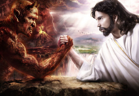 Jesus opposition and devil - heaven, abstract, jesus, devil, god, evil, harm, battle, fantasy, hell, fire, bible, flames, lightning, good, sky