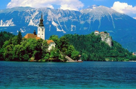 Landscape - ocean, trees, building, mountain