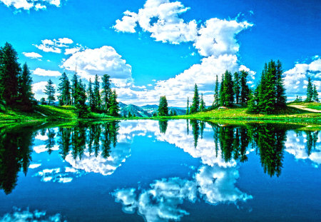 Reflection - sky, landscape, alpine, background, trees, water, image, lakes, nature, white, view, clouds, blue, beautiful, green, colors