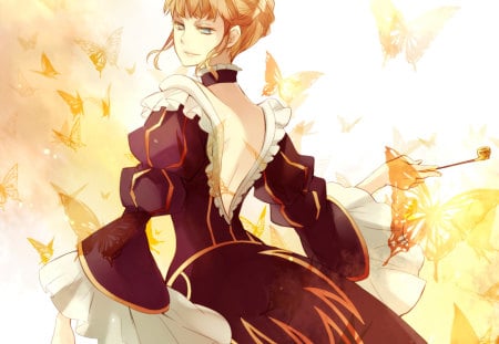 witch beatrice - anime, hair up, yellow, red flower, beatrice, dress, blonde, flower, golden witch, hair tied up, witch, butterfly, umineko no naku koro ni, blue eyes