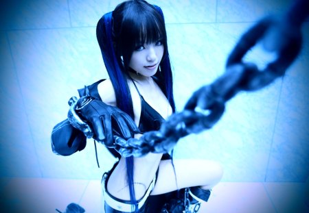 Blackâ˜…Rock Shooter by Kipi - aqua, bikini top, hot, brs, black hair, white, cool, aqua eyes, short, kipi, actress, sexy, blue eyes, beautiful, black rock shooter, nice, beauty, chain, twintail, black, model, pretty, high heels, cute, boots, stitches, cosplayer, blue, bikini, weapon, awesome, photo, cosplay