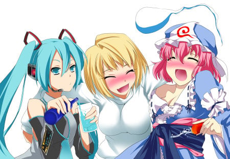 arcuied and miku happy drinking - blushing, miku hatsune, drunk, long hair, laugh, short hair, closed eyes, arcueid, blue hair, blond, pink hair, blue eyes, twintails, amime, sake, blush, drink, girls, vampire, smile, cute girls, miku, juice, cloud, tsukihime