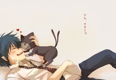 okumura and kuro playing - anime, neko, heart, two tails, okumura rin, cat, boy, closed eyes, cute, tails blush, words, ao no exorcist, hearts, demon, japanese