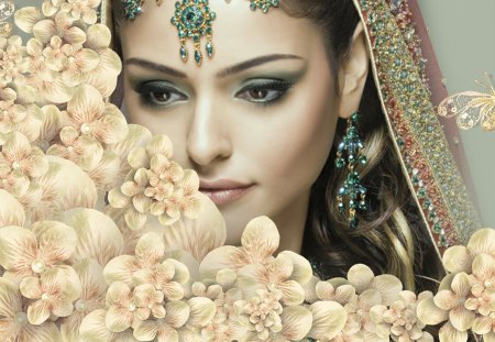 Blossoms And Beauty - woman, vintate, jewels, blooms, flora, blossoms, floral, beautiful, middle east, flowers, firefox persona