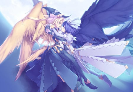 Angelic Embrace - beauty, sky, angel, hot, wings, beauties, black wings, anime girl, black hair, pretty, blonde hair, angels, cute, moon, sexy, anime girls, long hair, white wings, stunning, beautiful, dress