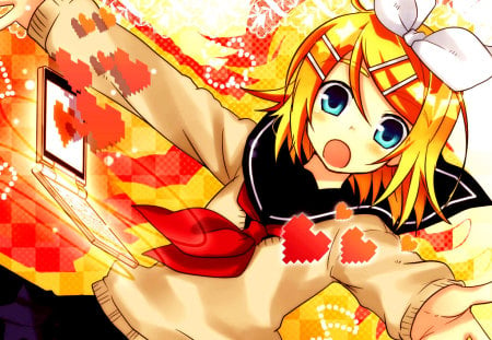 vocaloid- rin is cute :) - rin, vocaloid, anime, rin kagamine, cute, bow, internet, hearts