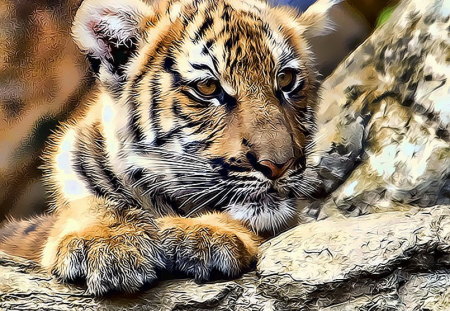 Little stripes - white, cub, stripes, rocks, tiger, black, baby, gold