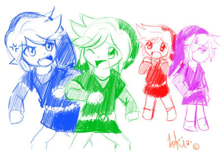 I wish you guys would stop Fighting! - vio, blue, zelda, fourswords, colorful, red, green, video games, stop fighting