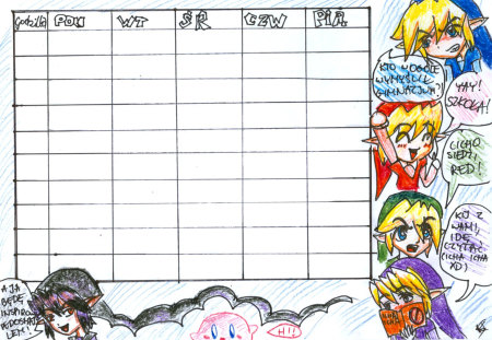 Four swords Calendar? - vio, chart, kirby, four swords, zelda, red, blue, godzilla, calenda, green, video games, shadow