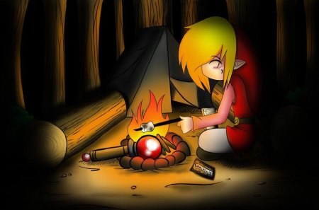 Red and S'mores-Firey S'mores - smores, camping, fire rod, log, chocolate, tent, fire, red, four sowrds, video games