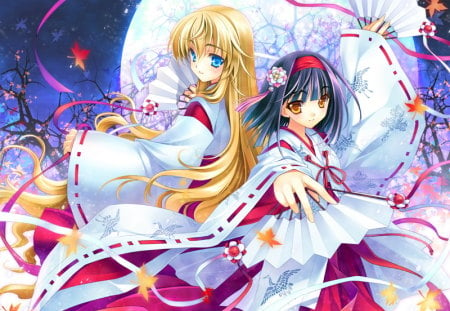 Hiori & Sunao Saginomiya - girls, hiori, full moon, fans, saginomiya, anime, kimono, ribbon, short hair, branches, stars, blue eyes, headband, night, long hair, bow, leaves, sunao, flower, blonde