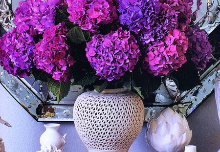 Purple in white - flowers, vase, white, purple, hydrancea