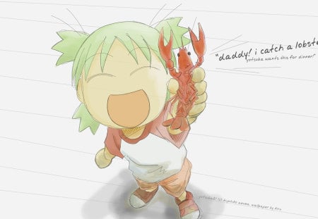 happy girl - anime, female, lobster, girls, drawing, red, green, cute, paper