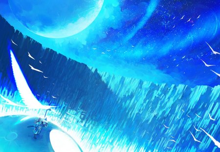 Adiemus - north, walls, sky, wings, music, white, clouds, anime, fly, birds, moon, ice, stars, adiemus, winter, boy, snow, scenery