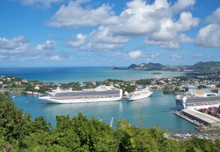 Cruise ships harbor - clouds, trees, oceans, blue, photography, harbor, cruise ships, white, green, sky