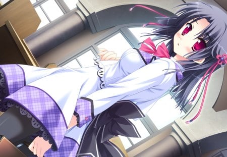 First day at school - pretty, blushing, anime girl, beautiful, hot, blush, beauty, long hair, stunning, pink eyes, black hair, cute, sexy