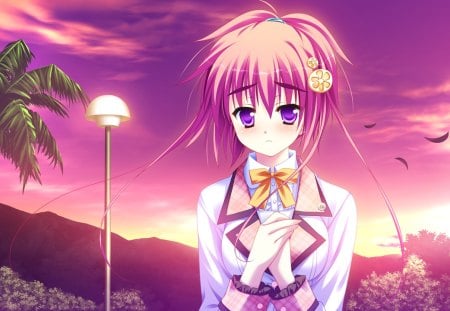 Koboshi Renko - clouds, pretty, blushing, anime girl, beautiful, hot, blush, beauty, stunning, diamic days, cute, pink hair, purple hair, sexy, sky