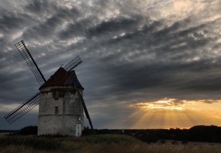 Windmill - clouds, sunset, windmill, dark, sun, sky