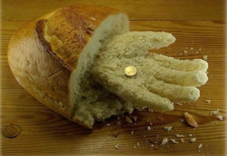 COST OF BREAD - bread, loaf, money, hand