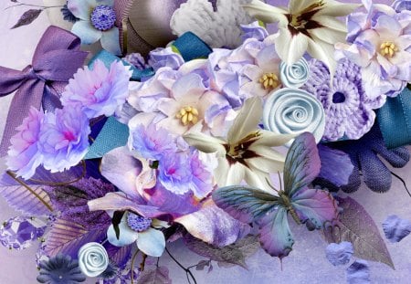 Lavender Blues - lavender, jewels, blue, bows, firefox persona, leaves, flowers, butterfly, ribbons