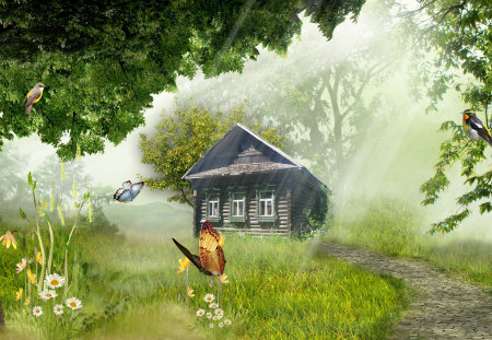 Country Dreaming - house, trees, birds, butterflies, cabin, sunshine, sunbeam, firefox persona, home, flowers, field