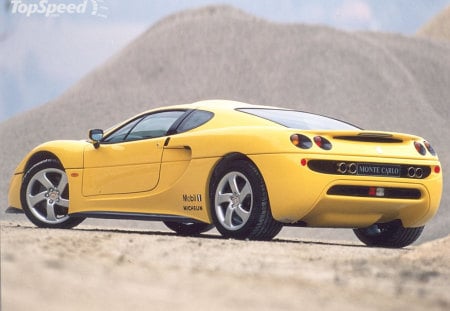 sports car - desert, yellow, two seater, mountains, siler alloys