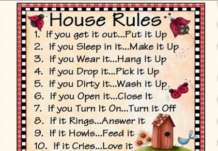 house rules - ladybirds, picture, red, flowers, black, writing, bird