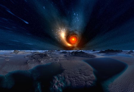 black hole - white, stars, red, rock, dust, black