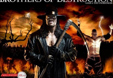 brothers of destruction - undertaker, fire, kane, dead tree